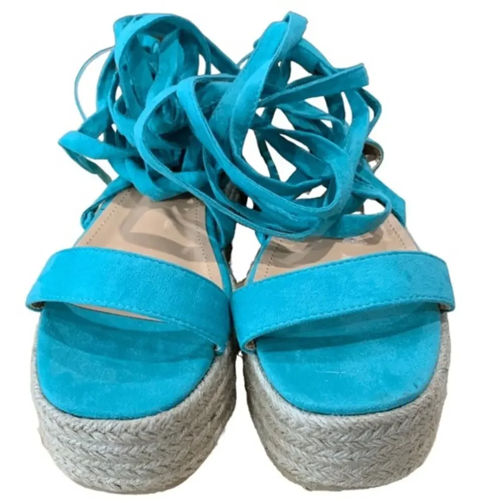 Fashion Nova espadrilles‎ flats ankle ties wrap around turquoise blue 9